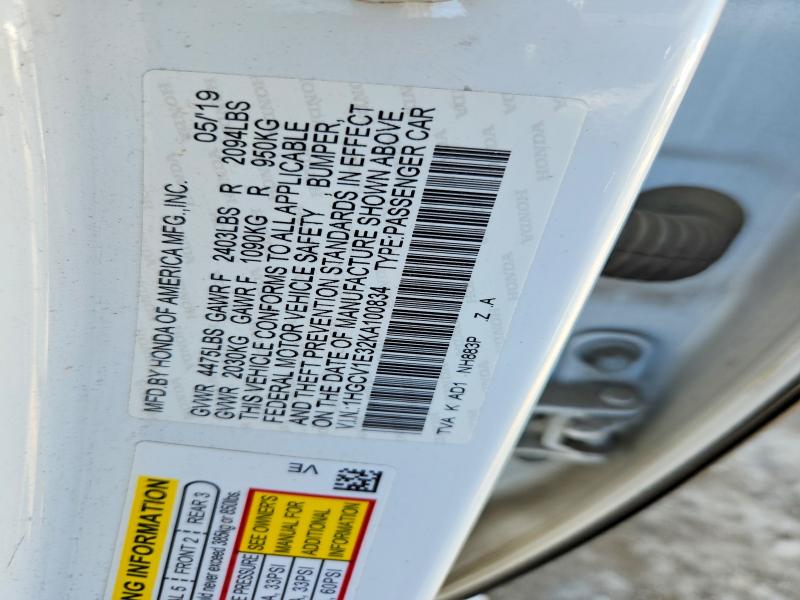 2019 Honda Accord მანქანა იყიდება აუქციონზე, vin: 1HGCV1E32KA100834, აუქციონის ნომერი: 45604386