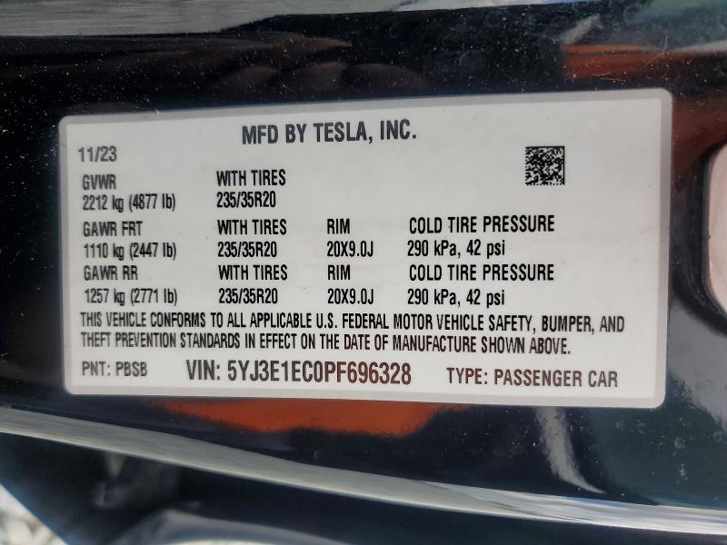 Aukcja sprzedaży 2023 Tesla Model 3, vin: 5YJ3E1EC0PF696328, numer aukcji: 45797796