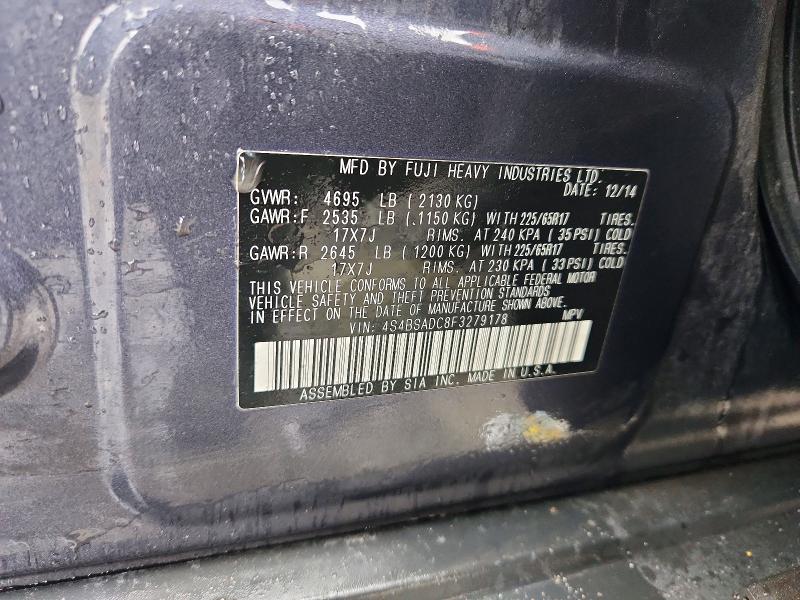 2015 Subaru Outback მანქანა იყიდება აუქციონზე, vin: 4S4BSADC8F3279178, აუქციონის ნომერი: 79400685