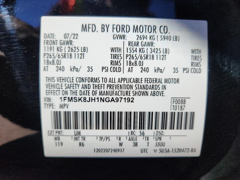 Aukcja sprzedaży 2022 Ford Explorer, vin: 1FMSK8JH1NGA97192, numer aukcji: 45473016