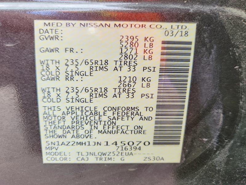 2018 Nissan Murano მანქანა იყიდება აუქციონზე, vin: 5N1AZ2MH1JN145070, აუქციონის ნომერი: 45750596