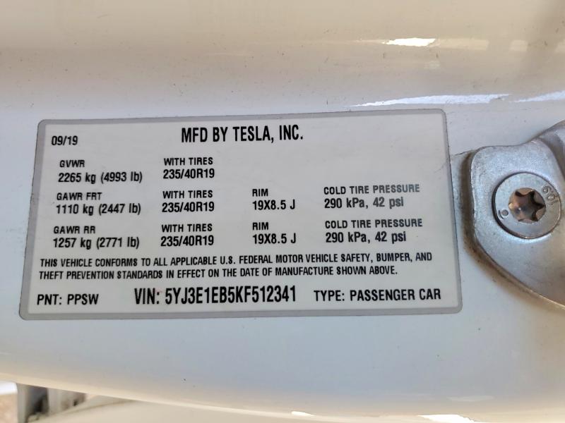2019 Tesla Model 3 მანქანა იყიდება აუქციონზე, vin: 5YJ3E1EB5KF512341, აუქციონის ნომერი: 46705276