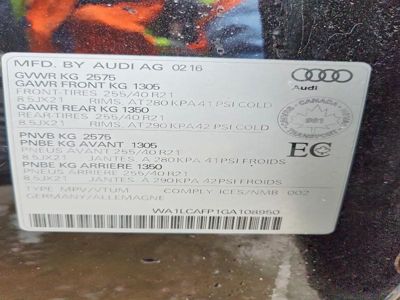 2016 Audi Sq5 მანქანა იყიდება აუქციონზე, vin: WA1LCAFP1GA108950, აუქციონის ნომერი: 46509946