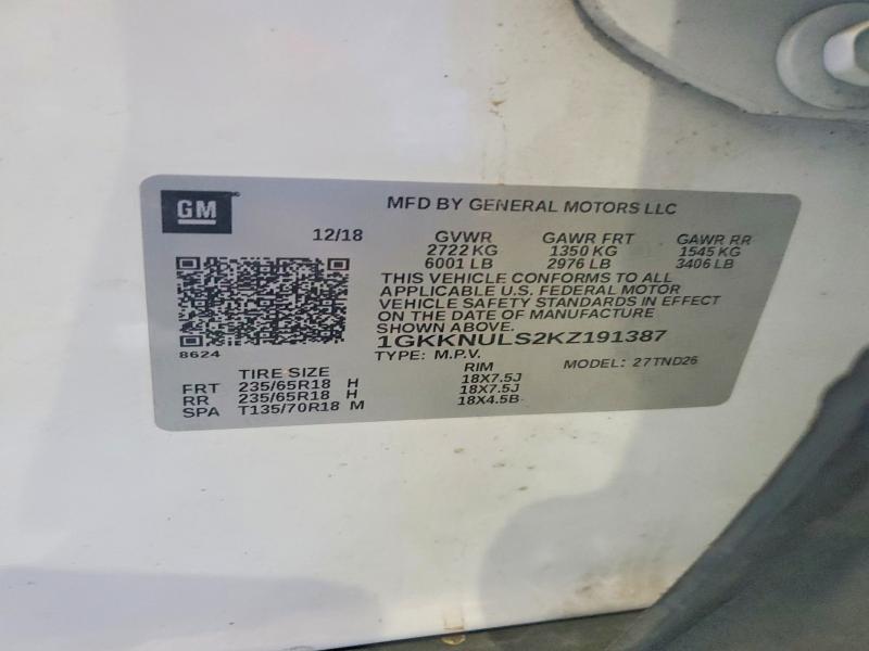 47164386 :رقم المزاد ، 1GKKNULS2KZ191387 vin ، 2019 Gmc Acadia مزاد بيع