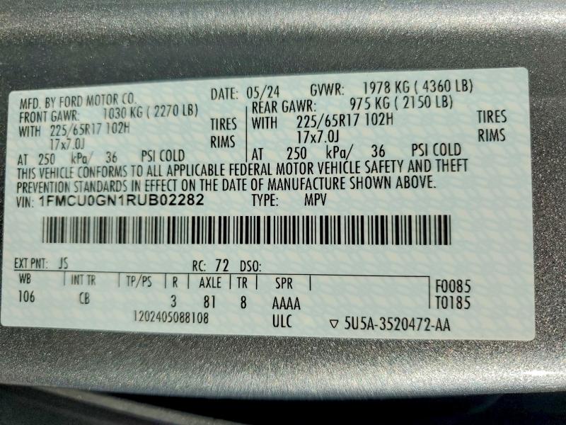 Aukcja sprzedaży 2024 Ford Escape, vin: 1FMCU0GN1RUB02282, numer aukcji: 79549655
