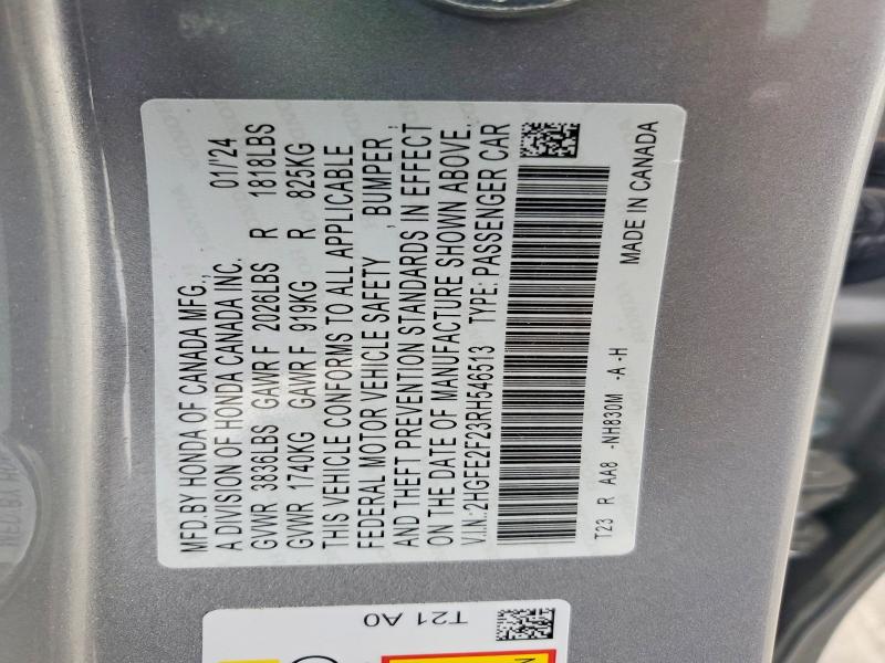 47711186 :رقم المزاد ، 2HGFE2F23RH546513 vin ، 2024 Honda Civic مزاد بيع