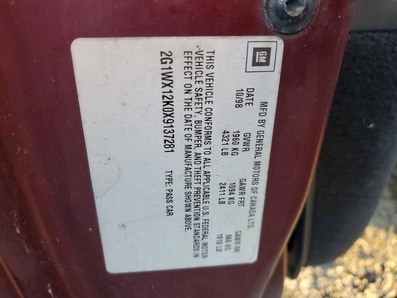 41648256 :رقم المزاد ، 2G1WX12K0X9137281 vin ، 1999 Chevrolet Monte Carlo مزاد بيع