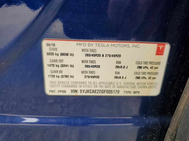48313196 :رقم المزاد ، 5YJXCAE22GF005170 vin ، 2016 Tesla Model X مزاد بيع