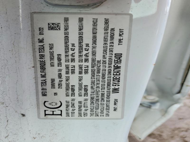 47658976 :رقم المزاد ، 5YJ3E1EA7NF165400 vin ، 2022 Tesla Model 3 مزاد بيع