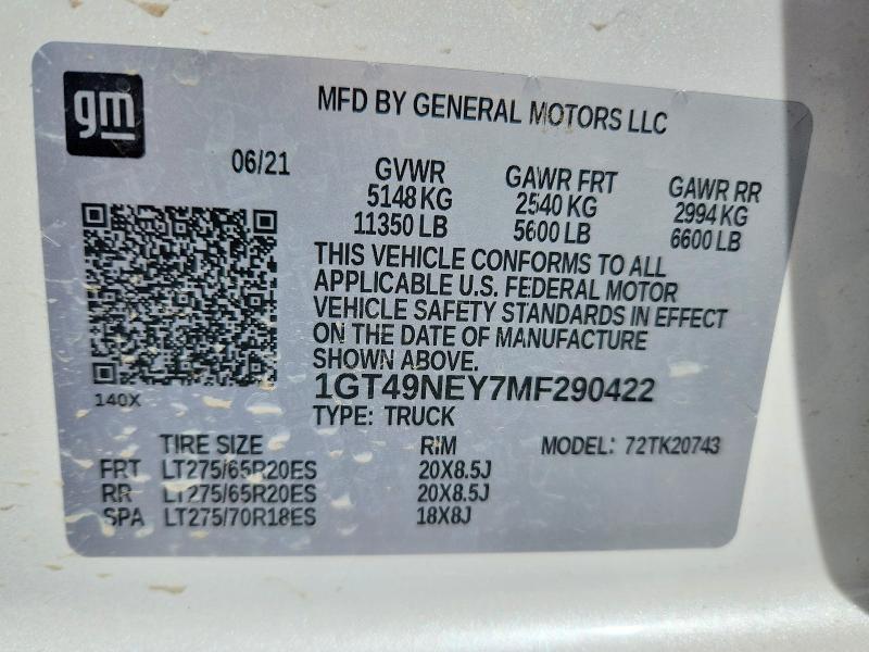 Aukcja sprzedaży 2021 Gmc Sierra, vin: 1GT49NEY7MF290422, numer aukcji: 46606356