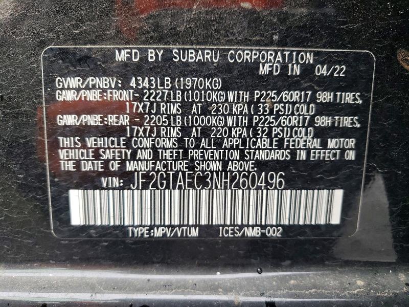 Aukcja sprzedaży 2022 Subaru Crosstrek, vin: JF2GTAEC3NH260496, numer aukcji: 41807686