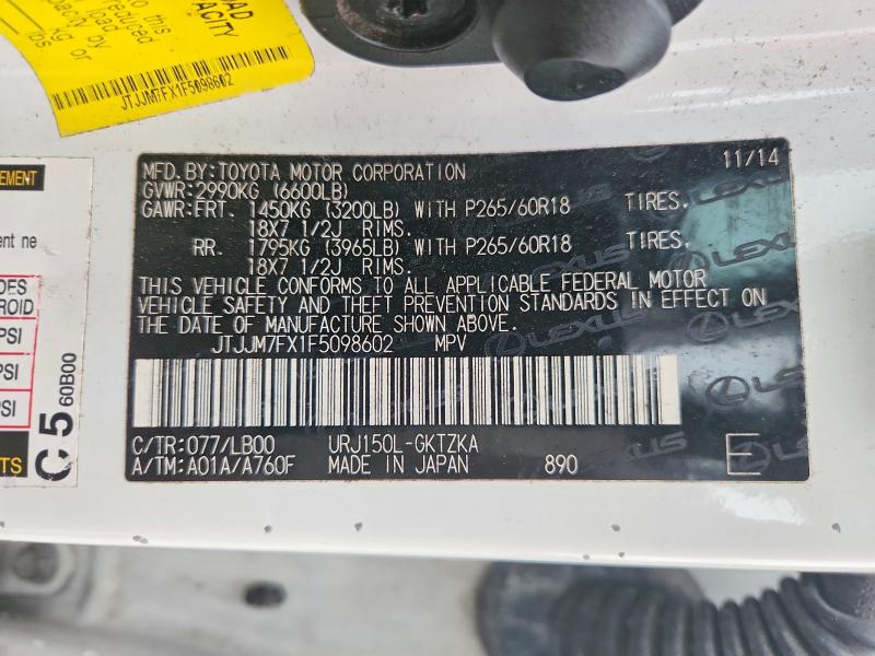 Aukcja sprzedaży 2015 Lexus Gx 460, vin: JTJJM7FX1F5098602, numer aukcji: 47556386