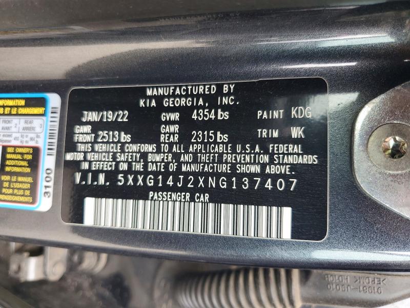 47132026 :رقم المزاد ، 5XXG14J2XNG137407 vin ، 2022 Kia K5 مزاد بيع