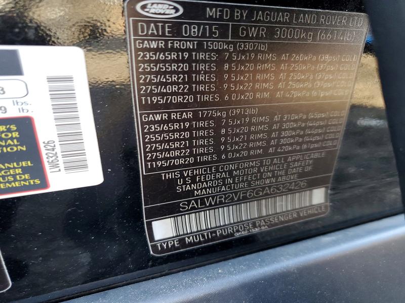 45560196 :رقم المزاد ، SALWR2VF6GA632426 vin ، 2016 Land Rover Range Rover Sport مزاد بيع