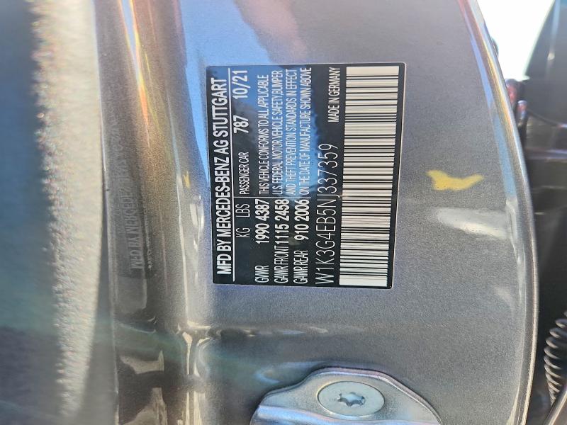 Продажа на аукционе авто 2022 Mercedes-benz A, vin: W1K3G4EB5NJ337359, номер лота: 41792506