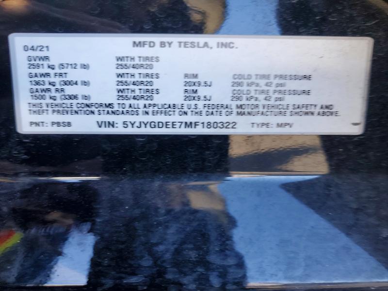 46352206 :رقم المزاد ، 5YJYGDEE7MF180322 vin ، 2021 Tesla Model Y مزاد بيع