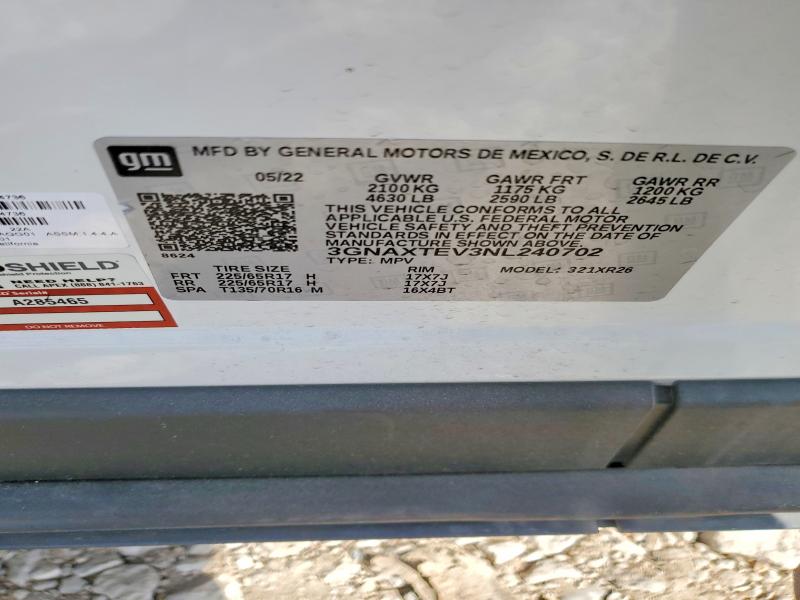 47391976 :رقم المزاد ، 3GNAXTEV3NL240702 vin ، 2022 Chevrolet Equinox مزاد بيع