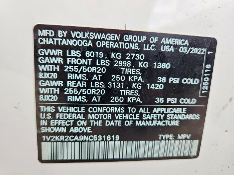 Aukcja sprzedaży 2022 Volkswagen Atlas, vin: 1V2KR2CA9NC531619, numer aukcji: 45866056