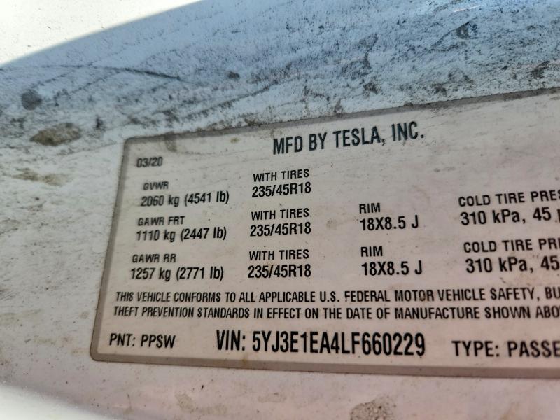 46487906 :رقم المزاد ، 5YJ3E1EA4LF660229 vin ، 2020 Tesla Model 3 مزاد بيع
