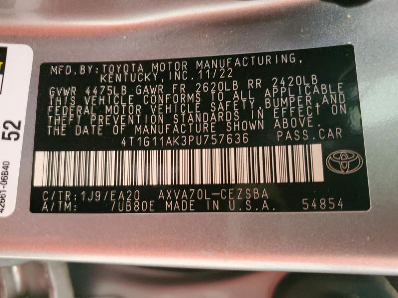 2023 Toyota Camry მანქანა იყიდება აუქციონზე, vin: 4T1G11AK3PU757636, აუქციონის ნომერი: 45855466