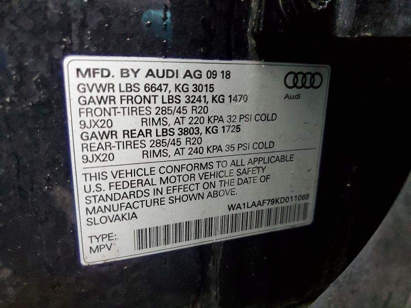 2019 Audi Q7 მანქანა იყიდება აუქციონზე, vin: WA1LAAF79KD011069, აუქციონის ნომერი: 78864625