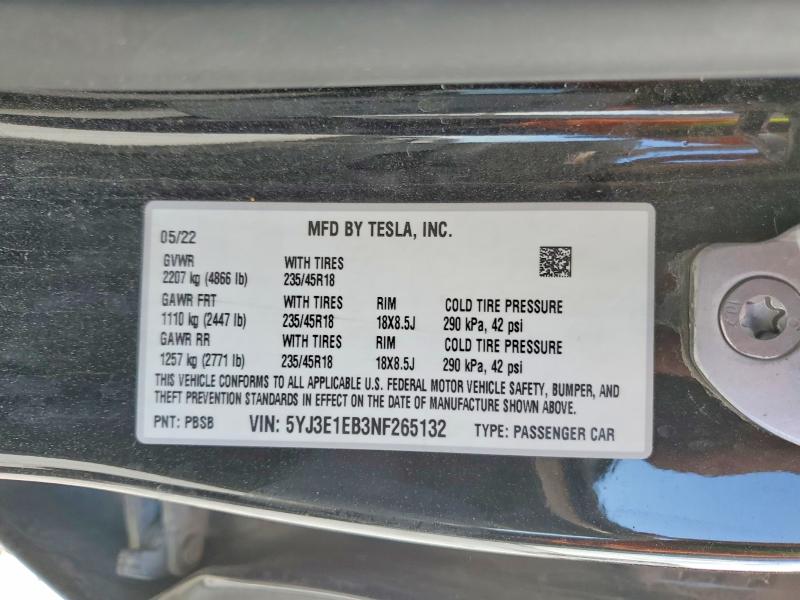 Aukcja sprzedaży 2022 Tesla Model 3, vin: 5YJ3E1EB3NF265132, numer aukcji: 48141126