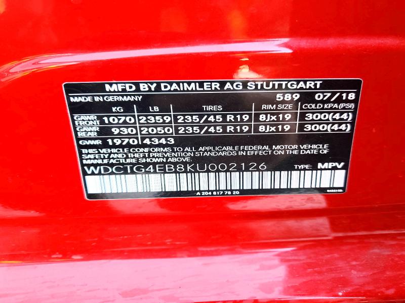 Aukcja sprzedaży 2019 Mercedes-benz Gla, vin: WDCTG4EB8KU002126, numer aukcji: 47700206