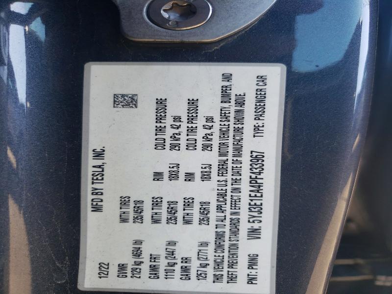 78681265 :رقم المزاد ، 5YJ3E1EA4PF433967 vin ، 2023 Tesla Model 3 مزاد بيع