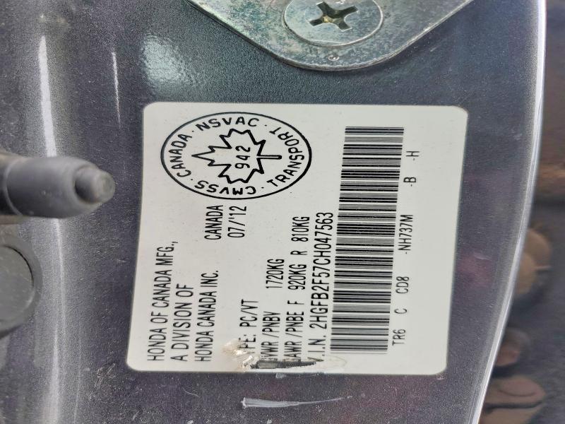 Продажа на аукционе авто 2012 Honda Civic, vin: 2HGFB2F57CH047563, номер лота: 79906715