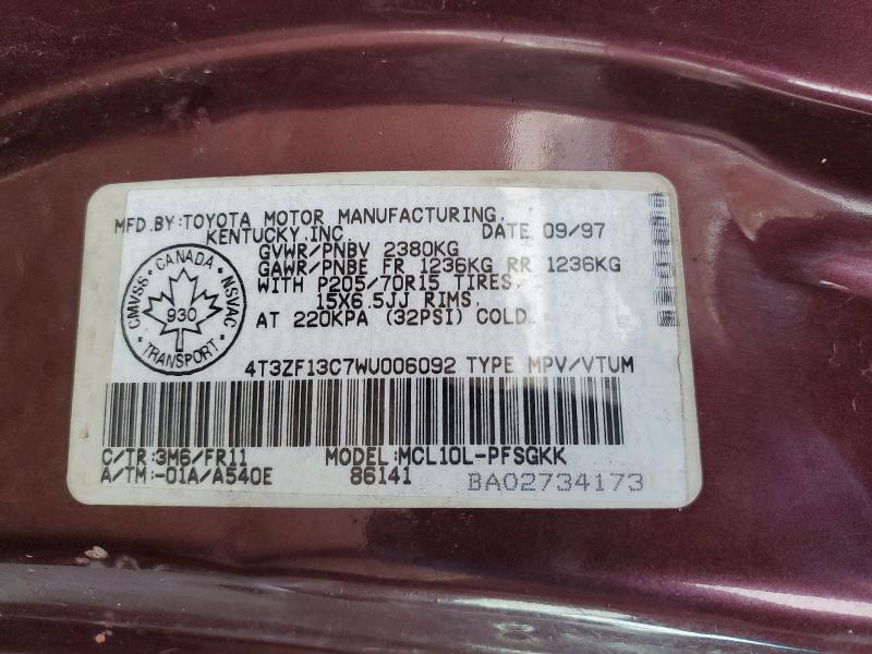 1998 Toyota Sienna მანქანა იყიდება აუქციონზე, vin: 4T3ZF13C7WU006092, აუქციონის ნომერი: 79263835