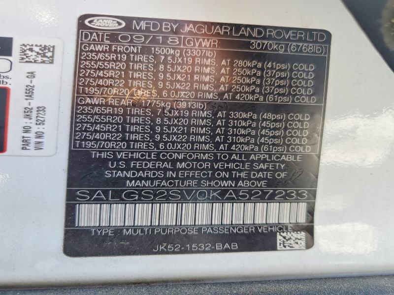 Aukcja sprzedaży 2019 Land Rover Range Rover, vin: SALGS2SV0KA527233, numer aukcji: 47862726