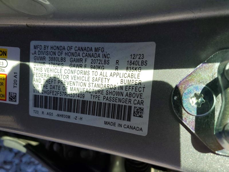 Продажа на аукционе авто 2024 Honda Civic, vin: 2HGFE2F57RH531409, номер лота: 41843716