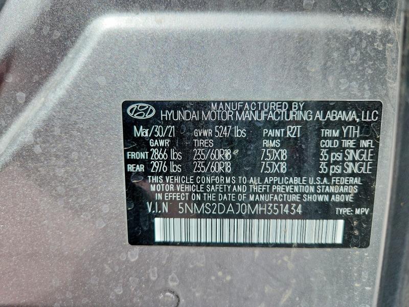 46493196 :رقم المزاد ، 5NMS2DAJ0MH351434 vin ، 2021 Hyundai Santa Fe مزاد بيع