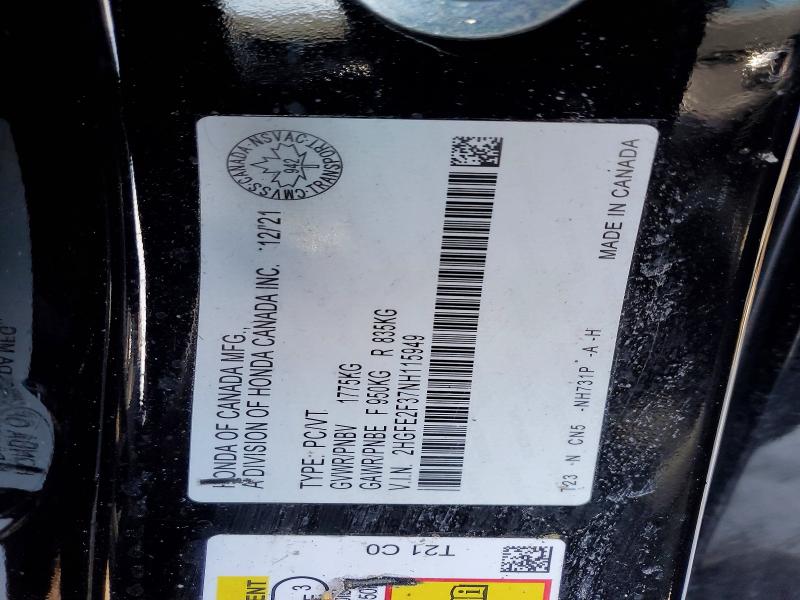79167615 :رقم المزاد ، 2HGFE2F37NH115949 vin ، 2022 Honda Civic مزاد بيع