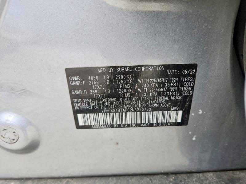 2022 Subaru Outback მანქანა იყიდება აუქციონზე, vin: 4S4BTAFC2N3250753, აუქციონის ნომერი: 46923916