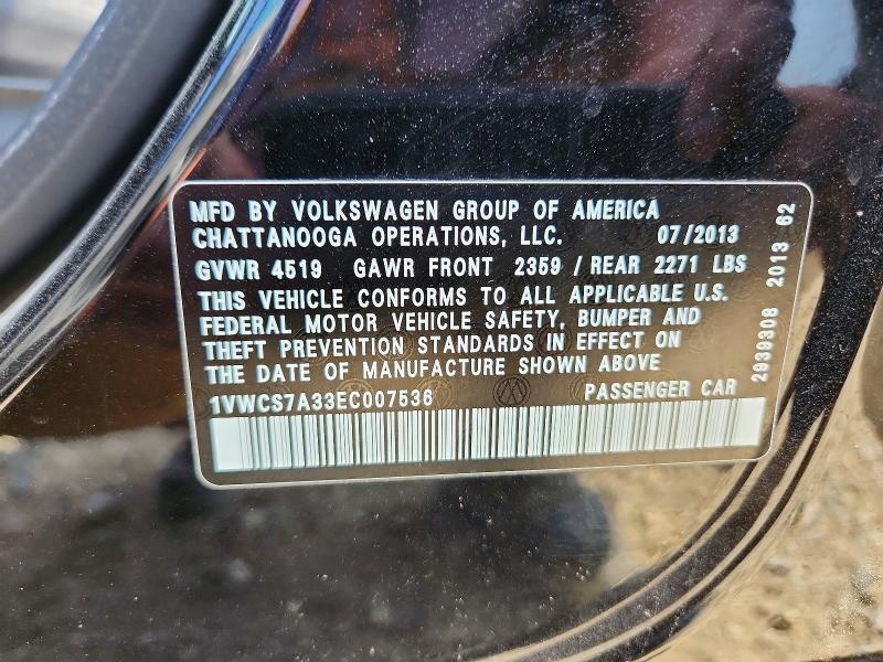 46898426 :رقم المزاد ، 1VWCS7A33EC007536 vin ، 2014 Volkswagen Passat مزاد بيع