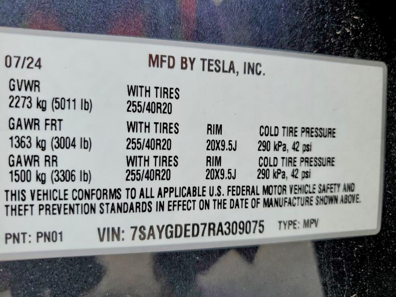 2024 Tesla Model Y მანქანა იყიდება აუქციონზე, vin: 7SAYGDED7RA309075, აუქციონის ნომერი: 46501966