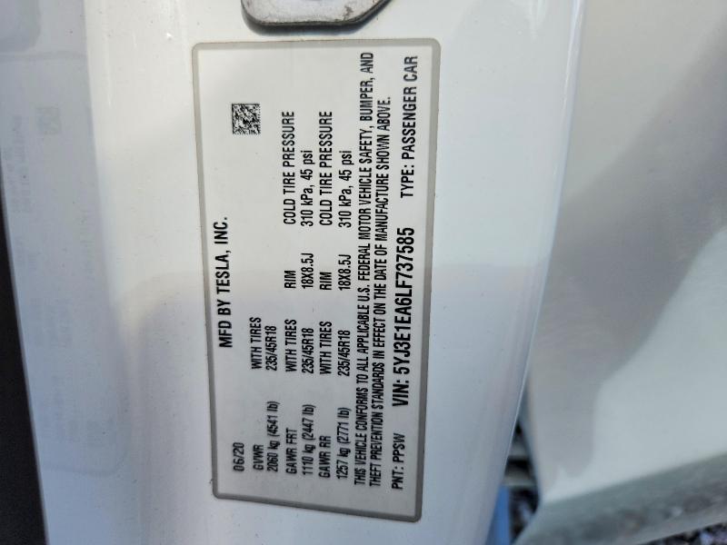 79962375 :رقم المزاد ، 5YJ3E1EA6LF737585 vin ، 2020 Tesla Model 3 مزاد بيع