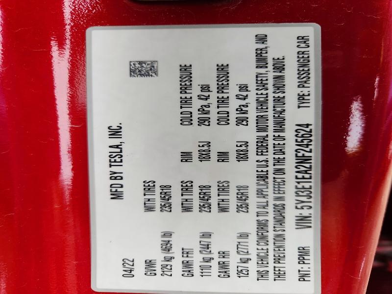 Продажа на аукционе авто 2022 Tesla Model 3, vin: 5YJ3E1EA2NF245624, номер лота: 41775236