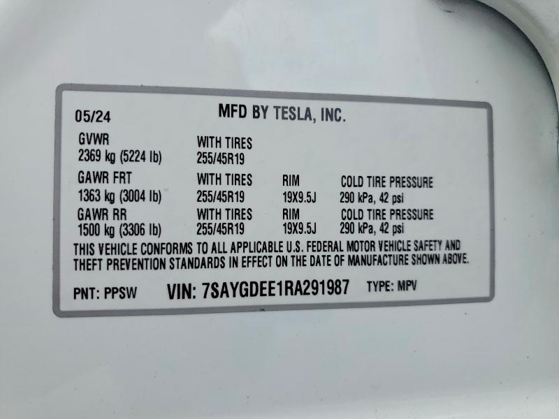 Aukcja sprzedaży 2024 Tesla Model Y, vin: 7SAYGDEE1RA291987, numer aukcji: 46463926