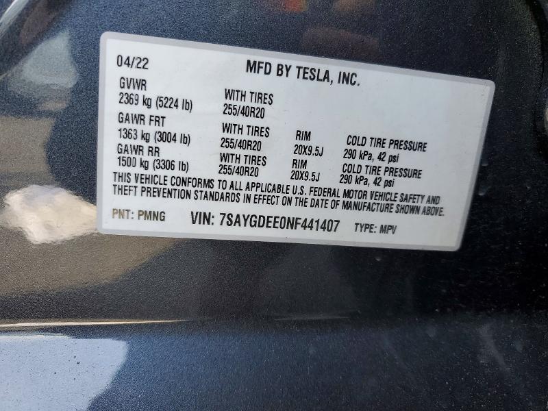 2022 Tesla Model Y მანქანა იყიდება აუქციონზე, vin: 7SAYGDEE0NF441407, აუქციონის ნომერი: 47576376