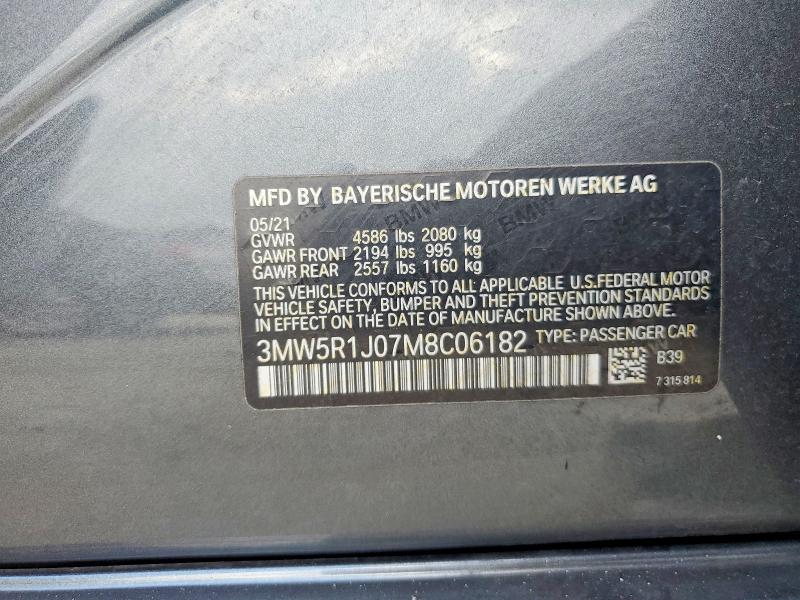 47593596 :رقم المزاد ، 3MW5R1J07M8C06182 vin ، 2021 Bmw 330i مزاد بيع