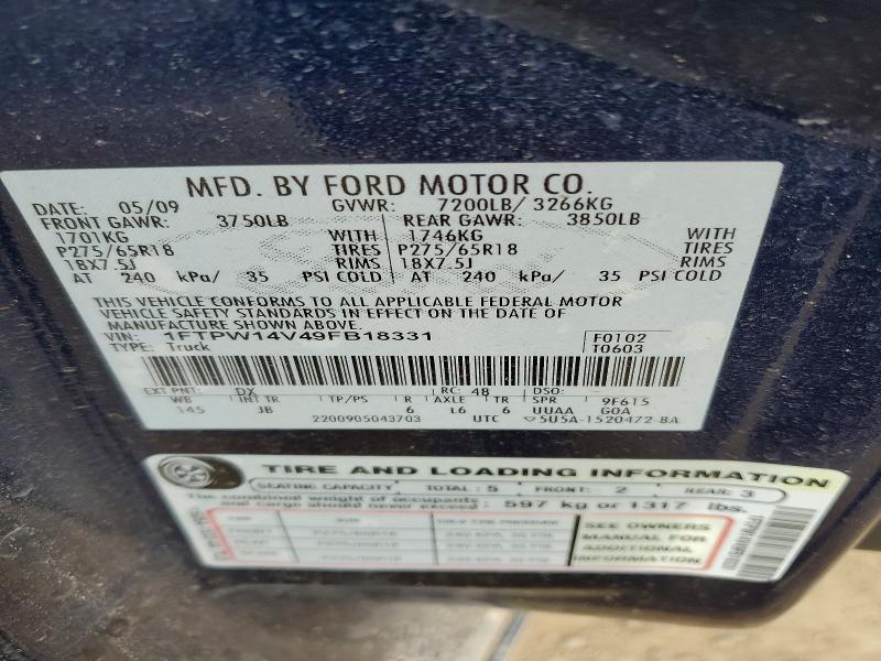 41835236 :رقم المزاد ، 1FTPW14V49FB18331 vin ، 2009 Ford F150 مزاد بيع
