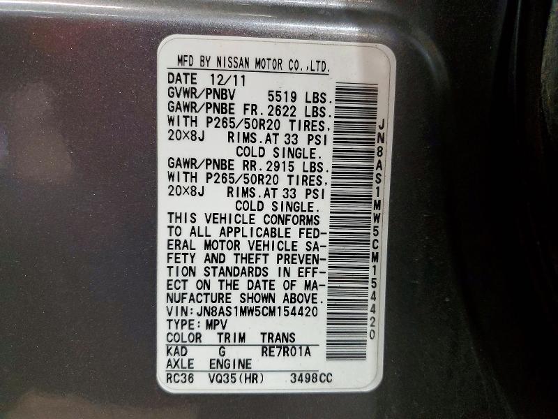 2012 Infiniti Fx35 მანქანა იყიდება აუქციონზე, vin: JN8AS1MW5CM154420, აუქციონის ნომერი: 46220086