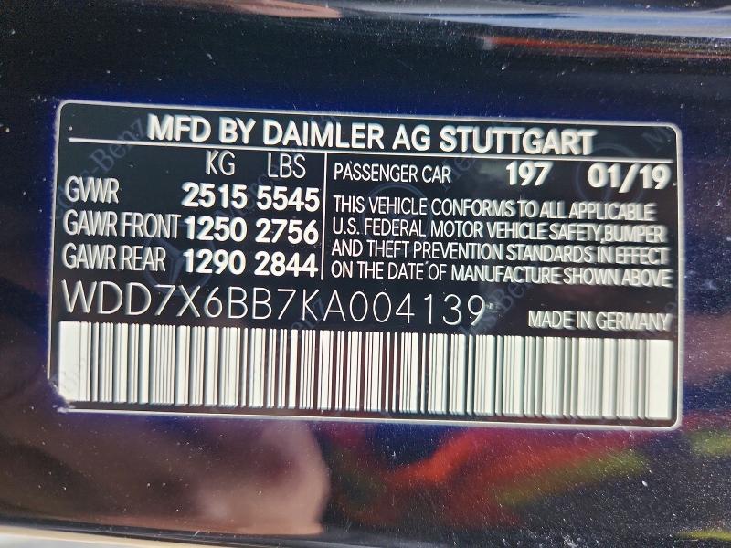 77631385 :رقم المزاد ، WDD7X6BB7KA004139 vin ، 2019 Mercedes-benz Amg Gt مزاد بيع