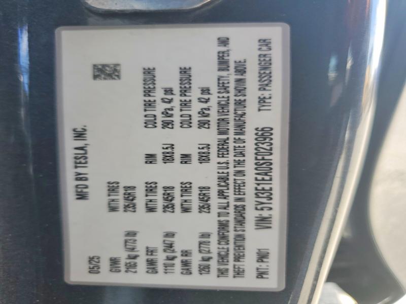 Aukcja sprzedaży 2025 Tesla Model 3, vin: 5YJ3E1EA0SF023966, numer aukcji: 79586615