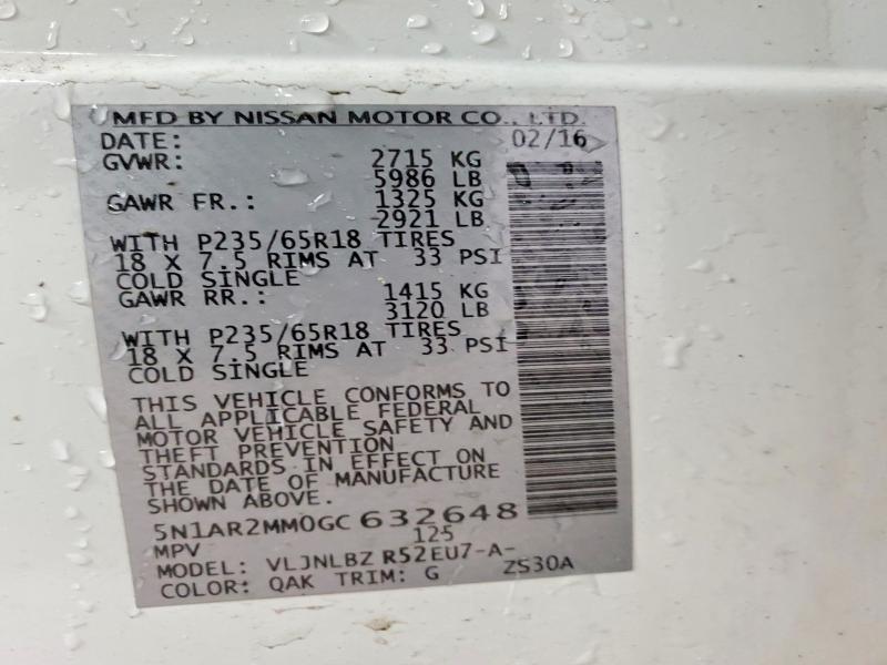 47392256 :رقم المزاد ، 5N1AR2MM0GC632648 vin ، 2016 Nissan Pathfinder مزاد بيع