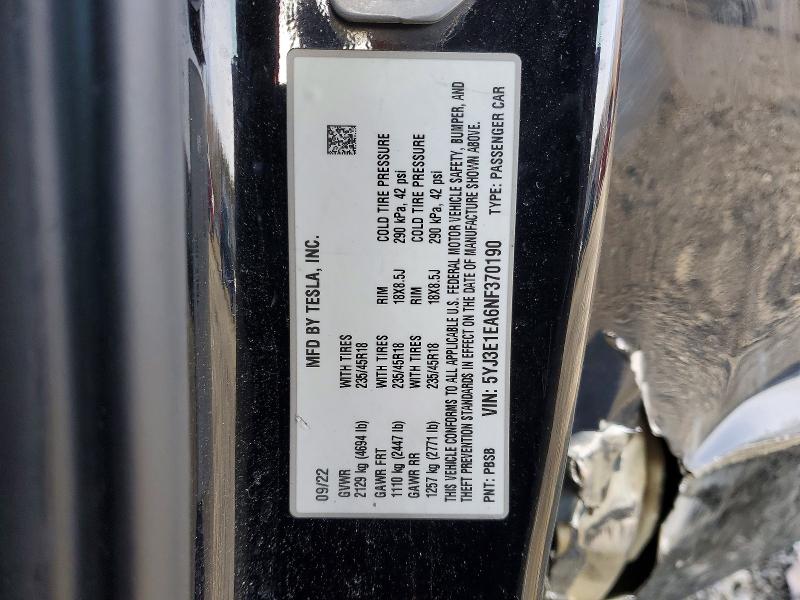 Aukcja sprzedaży 2022 Tesla Model 3, vin: 5YJ3E1EA6NF370190, numer aukcji: 46553676