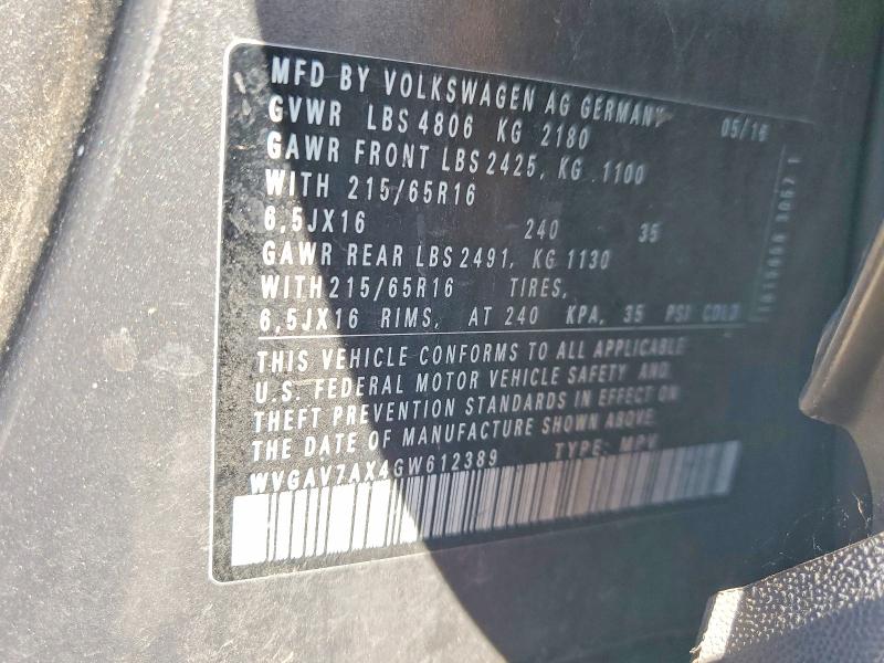 Aukcja sprzedaży 2016 Volkswagen Tiguan, vin: WVGAV7AX4GW612389, numer aukcji: 46880286