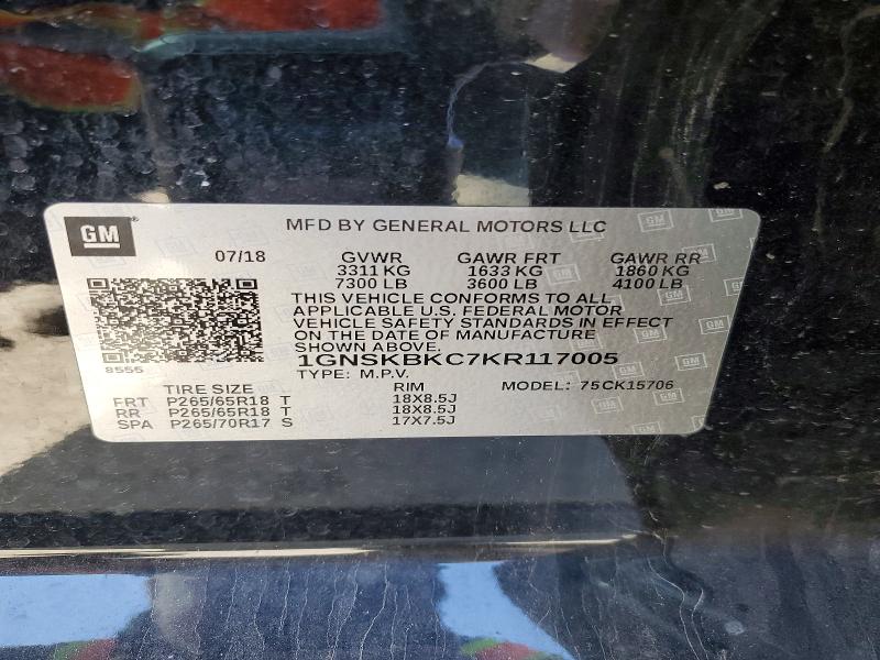 Aukcja sprzedaży 2019 Chevrolet Tahoe, vin: 1GNSKBKC7KR117005, numer aukcji: 78098575